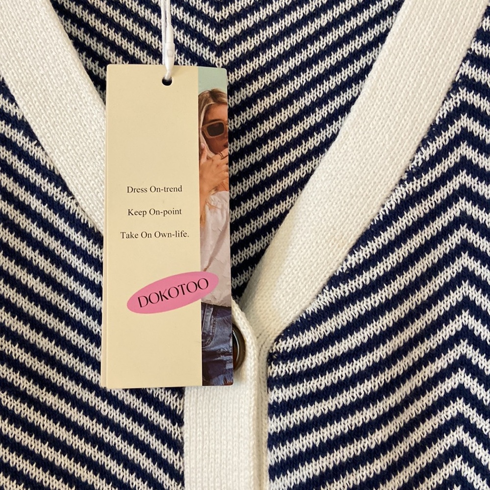 DOKOTOO Navy Blue and White Cardigan Sweater length 27” bust 50” - Picture 2 of 8